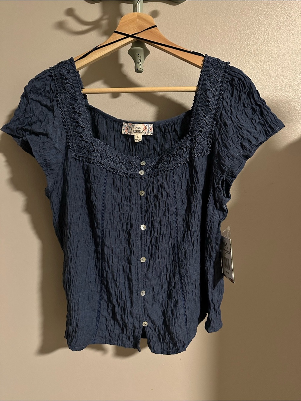 Pink Republic Navy Button-Front Crochet Trim Top